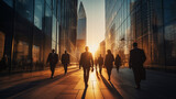 Fototapeta Londyn - Employees walking to work in the city at sunrise - Generative AI