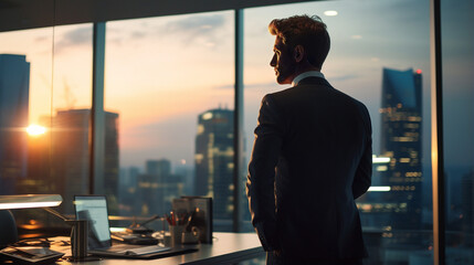 Portrait of male ceo in big corner office, looking out of window, at sunset. - Generative AI