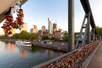 Wall Mural - View of the city and the embankment along the Main at dawn.