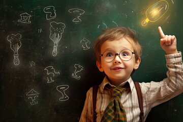 blackboard child smiling Cheerful children boy class bulb adorable background caucasian childhood concept copy desk education educational elementary face green hand photogenic happy homework