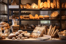 Buns Bread Bakery Ordinary Display Modern Different Assortment Kind Bun Croissant Loaf Showcase Counter Retail Small Medium Business Trade Store Shop Glasses Sweet Fresh Baked French
