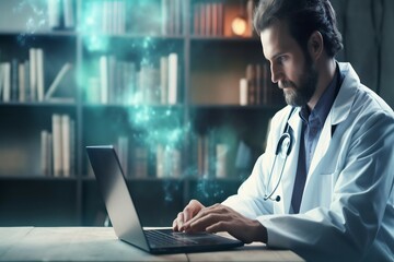 space copy office clinic computer laptop working doctor consultation medical online physician banner medicals communication medicine help desk support cyberspace background hospital