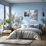 Fototapeta Londyn - minimalist bedroom, there is an exhaust fan, shades of white and blue 
