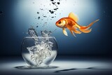 Fototapeta  - concept career improvement jumping goldfish fish jump bowl escape business challenge freedom leap water free conceptual exit suicide survival tackled aquarium crowded desire fishbowl flying splash
