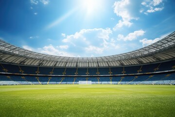 sky blue day sunny stadium pitch football grassy game sport green background nobody grass sunlight outdoors field nature sunshine natural architecture building cloud outside soccer daylight arena da