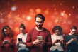 © sandra - background red addicted technology youth apps media social trends new fun having generation millennial outdoor smartphone mobile using people young group friends phone happy smart digital