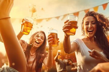 Wall Mural - festival music beer cheering friends female drink cheer woman splash toasting glasses alcohol oktoberfest celebrate crazy celebration sun cheerful closeup