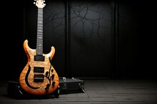 Guitar Electric Modern Music Rock Musical Equipment Play Concert Instrument Sound String Vintage Old Wood Black Wall Style Retro Wooden Art Closeup Space Studio Nobody Grunge