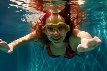 Wall Mural - pool water swimming smiles girl The dive under children goggles fun joy baby eye cute face hair play swim enjoy smile funny sport happy active little splash aquatic leisure holiday excited healthy p