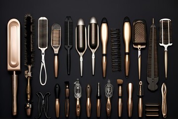 background dark arranged tools dresser hair professional collection salon beauty tool hairdresser black brush gold style accessory dryer equipment fashion scissors service shop copy space