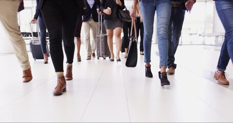 Canvas Print - Business people, legs and walking in office with team commute together for work. Feet, shoes and group of employees in lobby, men and women in busy workplace with bag, suitcase and corporate staff.