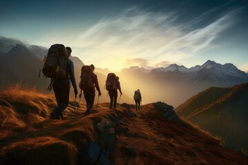 sunset mountains walks hikers group  mountain trekking hiking group adventure nature travel hike view hiker trek people active sunset backpacker mountaineering sport man team trip leisure