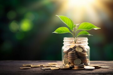 Concept Interest Investment Coins Savings Growing Plant money growth bank saving coin cash business green economy loan nature jar germinating symbol leaf finance market currency seed success euro