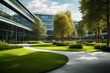 bench trees lawn green park office Modern building complex commercial exterior business architecture campus facility school industrial work workplace corporate university outside