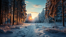 Winter Landscape In The Forest, The Rays Of The Morning Sun At Sunrise In The Frosty Fog Between The Trees