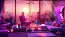 Luxury Living Room, Animated Virtual Backgrounds, Stream Overlay Loop, Sofa Cozy Interior Golden Hour Sunset, Vtuber Asset Twitch Zoom OBS Screen, Anime Chill Atmospheric, Looping Video Animated.