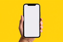 background colour yellow design less frame modern screen blank smartphone black holding hand phone technology mobile hold isolated contraption device display digital white smart