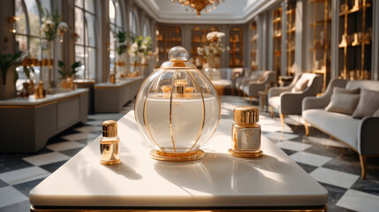 Poster - Luxury perfume store, Table in perfumery filled with fragrances for customer to sample.