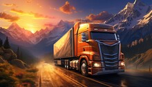 Illustration Of A Container Truck On A Beautiful And Serene Road