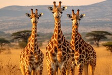 Three Giraffes In Serengeti National Park, Tanzania, Three Giraffes In Serengeti National Park, Tanzania, AI Generated