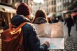 Couple of tourists with map on the streets of the city, Tourists checking on a map, top section cropped, no visible faces, front view, AI Generated