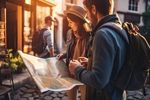 Young Couple Of Tourists With Map In The City. Traveling Concept, Tourists Checking On A Map, Top Section Cropped, No Visible Faces, Front View, AI Generated