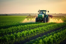 Tractor Spraying Pesticides On Soybean Field With Sprayer At Spring, Tractor Spraying Pesticides Fertilizer On Soybean Crops Farm Field In Spring Evening. Smart Farming, AI Generated