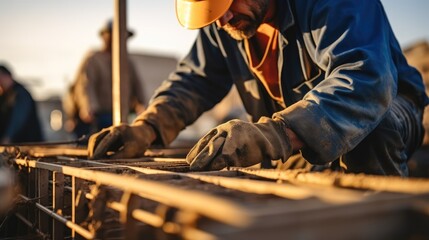 construction worker working with pliers and wire and making house foundation.