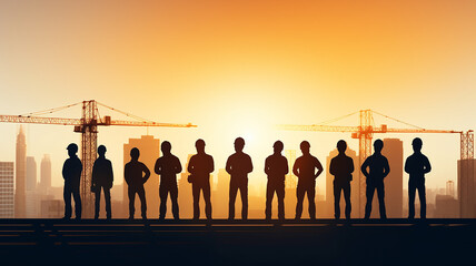 Wall Mural - group of builders silhouette of workers on a construction site, standing in a row against a sunset background, with a copy space