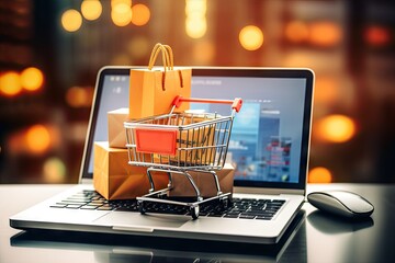 concept delivery shopping online screen shop store web which computer laptop cart bag boxes package product box sale buy commerce price shipping purchase order business background
