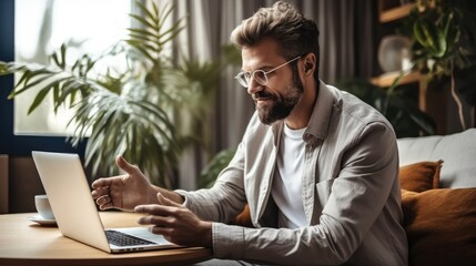 Poster - Businessman sits at home and has conference call on the laptop.