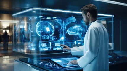 Poster - Doctor diagnosis analysis on monitor preparing operation on heart disease in a futuristic hospital, Surgeon team.