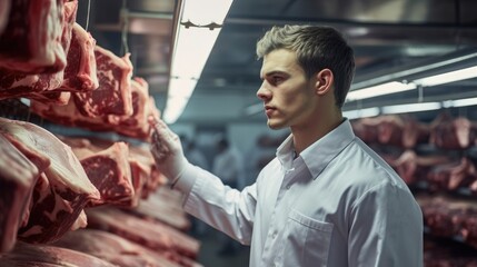 Wall Mural - A professional butcher between rows of pork carcasses in a butchery, Meat production.