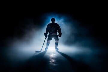 sports winter rink ice stadium posing sportsman light back blue smoke arena stick skates helmet uniform player hockey male silhouette dark man puck skate sk8 sport game forward spotlight