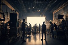 Commercial Video Film Movie Making Lighting Set Professional Studio Production Big Working People Silhouette Scenes Behind Television Camera Motion Picture Equipment Crew Photo Light
