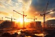 sunlight gold lots cranes several including site construction large under crane building real estate industry equipment build sun business heaven labor power shovel project city earth