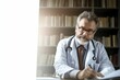 portrait doctor office template health man practitioner specialist laboratory file standing stethoscope uniform professional confident grey hair one person people indoor eyewear eyeglass goggles