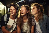 Fototapeta  - laughing teenagers group teenage girlfriend friendship college enjoyment girl camaraderie happy healthy lifestyle outdoors people student 4 woman young summer fun