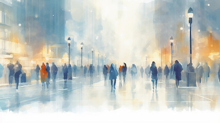 Wall Mural - watercolor urban style crowd of people blurred background in gray and light blue November, December seasonal poster