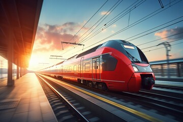 suns train commuter red modern station railway Beautiful railroad rail motion industry platform transportation sunset evening travel business subway wagon departure sunlight sunny vintage transit