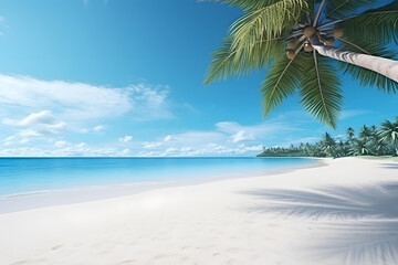 Wall Mural - tropical beach view at sunny day with white sand, turquoise water and palm tree. Neural network generated image. Not based on any actual scene or pattern.