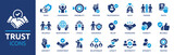 Fototapeta  - Trust icon set. Containing confidence, credibility, promise, trustworthy, friends, truth, faith, sincerity and honesty. Vector solid icons collection.