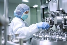 Work Worker Pharmaceutical Woman Quality Control Futuristic Blue Technology Safety Factory Pharmaceutic Chemical Chemistry Machine Manufacture Manufacturing Medicals Medicine Medication