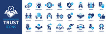 Trust Icon Set. Containing Confidence, Credibility, Promise, Trustworthy, Friends, Truth, Faith, Sincerity And Honesty. Vector Solid Icons Collection.