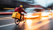 a delivery service courier on a bike rides in city traffic in a blurry. bike road street