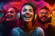 proposal ad flyer headphones music listen smiling sales expression facial emotions human concept neon background multicolored people emotional young portraits collage studio