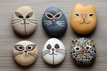 Adorable cat cartoons made using stone and pebbles for home or park garden decoration 