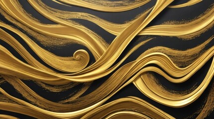 Abstract gold black acrylic painted fluted 3d painting texture luxury background banner on canvas - Golden waves swirls