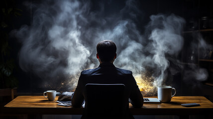 deadline concept, businessman sitting at the table view from the back, smoke coming from the table, stress, professional burnout, fatigue