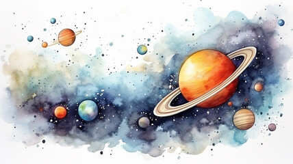Wall Mural - planets in space on a white background, watercolor drawing for children primitive minimalistic poste